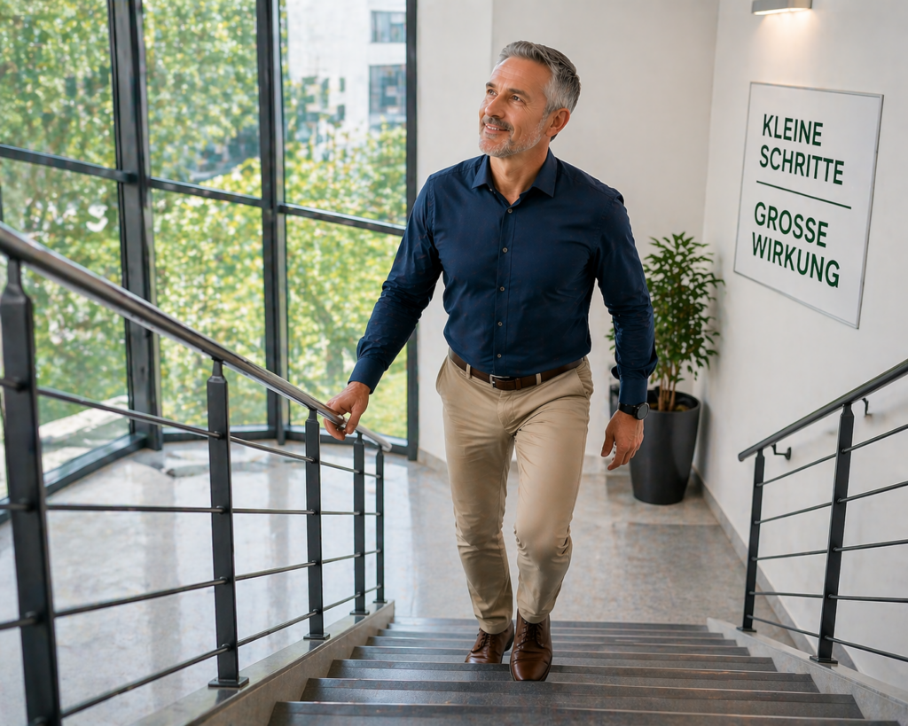 Mann 50+ geht im Büro Treppenhaus nach oben – Bewegung im Alltag statt Lift für einen gesunden Rücken