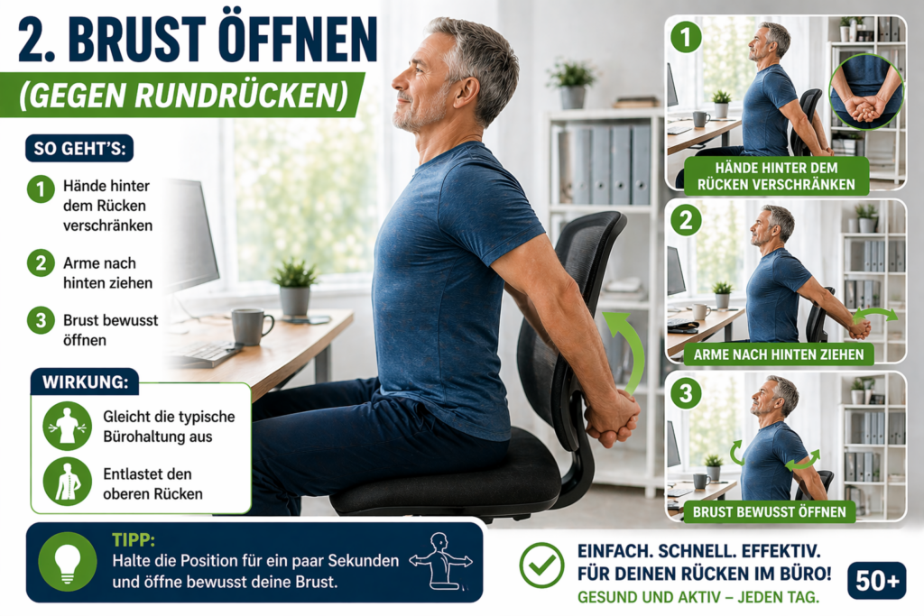 Brust öffnen im Sitzen – Übung gegen Rundrücken und oberen Rückenschmerz im Büro für Männer 50+
