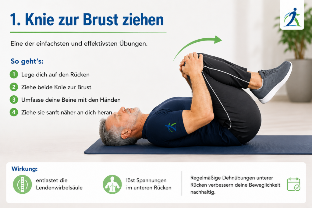Dehnübung Knie zur Brust ziehen für den unteren Rücken bei Rückenschmerzen durch langes Sitzen