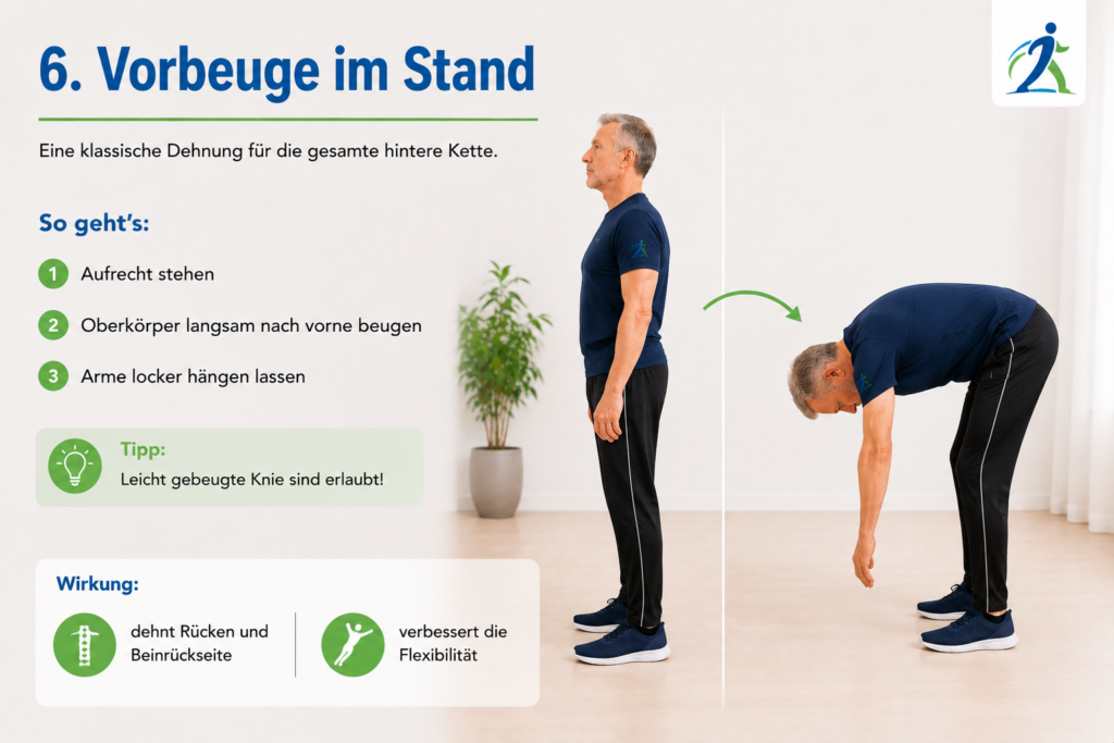 Vorbeuge im Stand zur Dehnung von Rücken und Beinrückseite