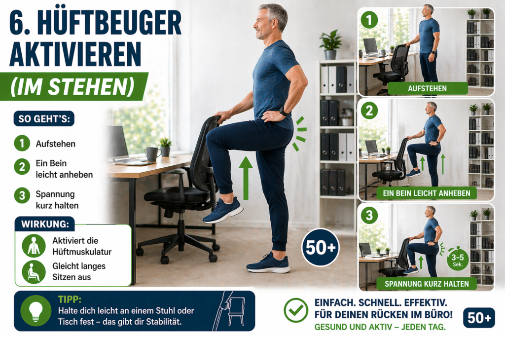 Mann 50+ hebt ein Bein im Stehen – Übung zur Aktivierung der Hüftmuskulatur im Büro