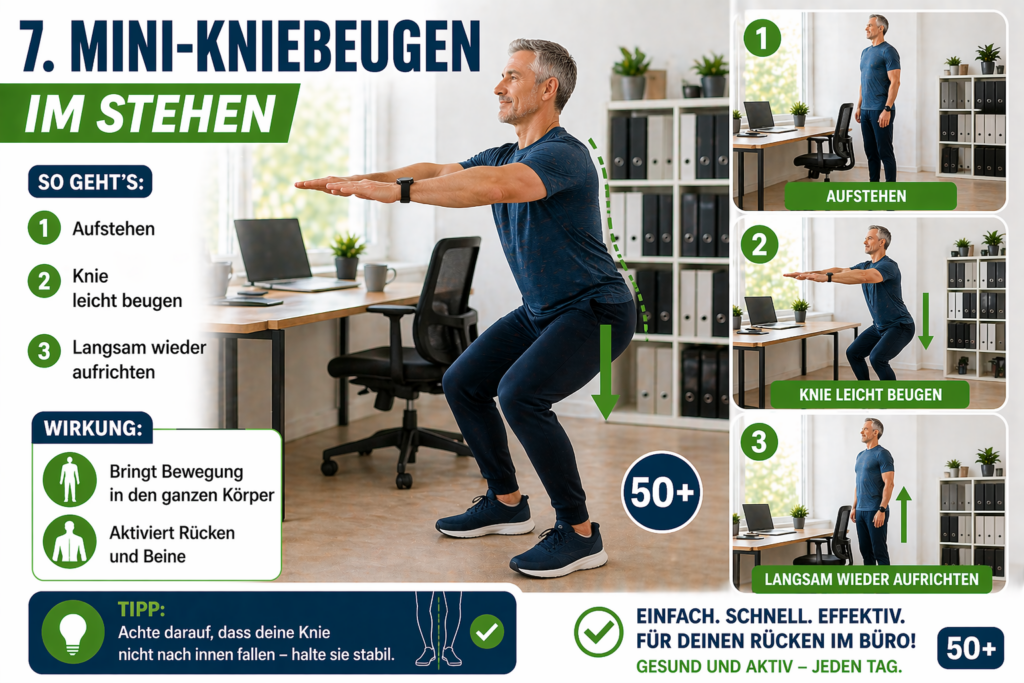 Mann 50+ macht Mini-Kniebeugen im Büro – Übung für mehr Bewegung und starke Beine