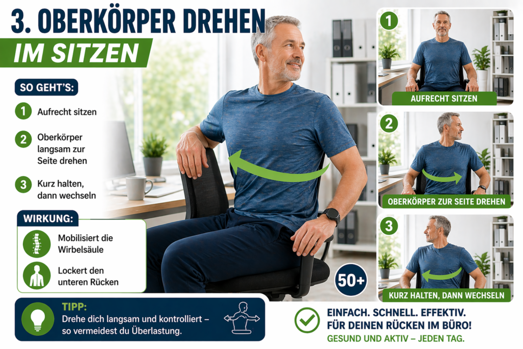 Oberkörper drehen im Sitzen – Übung gegen Rückenschmerzen und zur Mobilisation der Wirbelsäule im Büro für Männer 50+