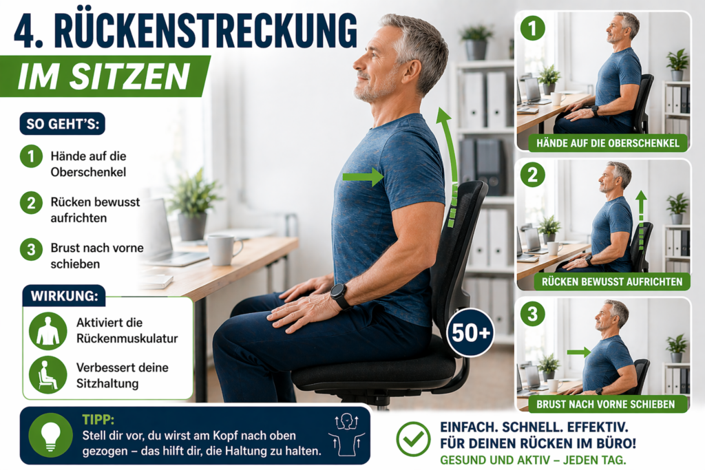 Aufrechte Sitzhaltung trainieren mit Rückenstreckung im Sitzen gegen Rückenschmerzen im Büro