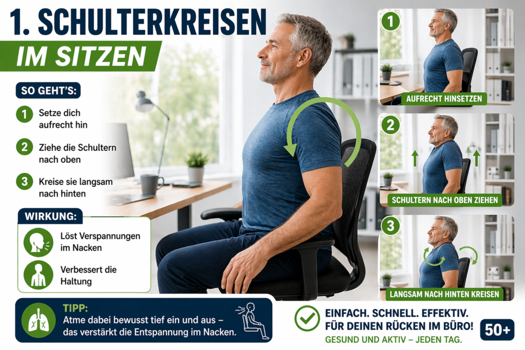 Schulterkreisen im Sitzen als Übung gegen Rückenschmerzen im Büro