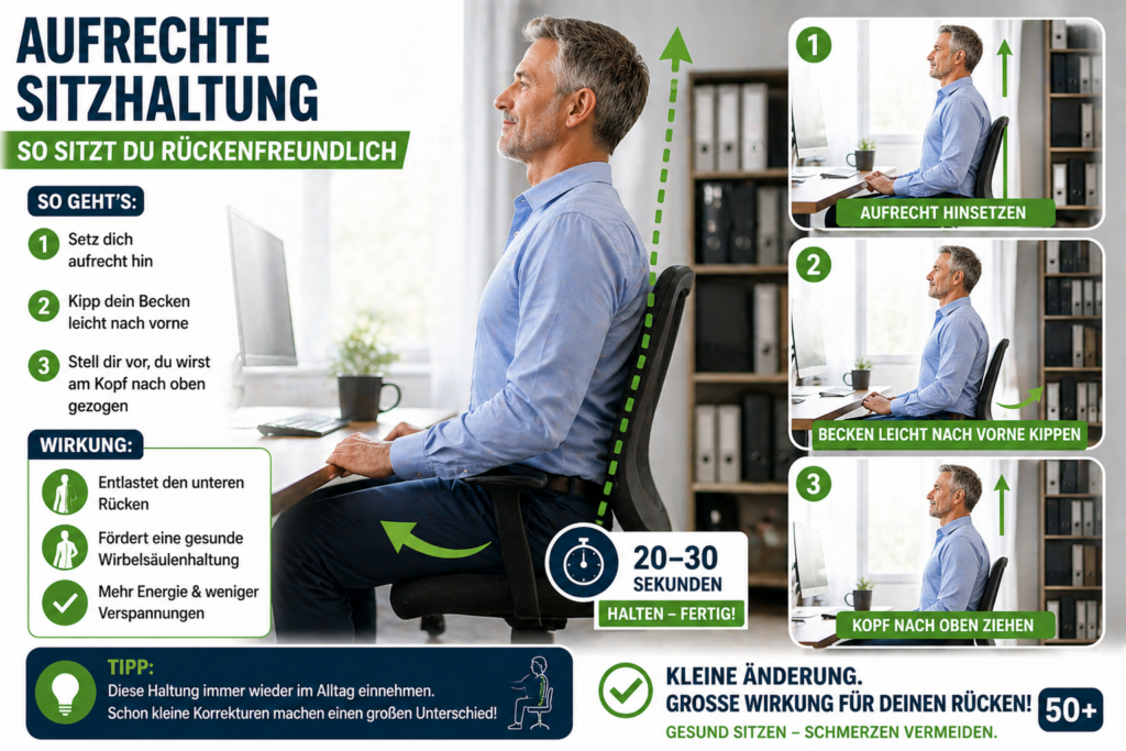 Sitzfehler Rückenschmerzen Mann sitzt aufrecht im Bürostuhl und zeigt eine rückenfreundliche Sitzhaltung am Arbeitsplatz