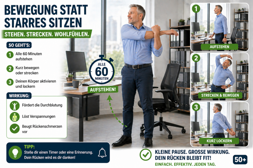 Sitzfehler Rückenschmerzen Mann 50+ steht im Büro auf und macht Dehnübungen gegen Rückenschmerzen nach langem Sitzen am Schreibtisch