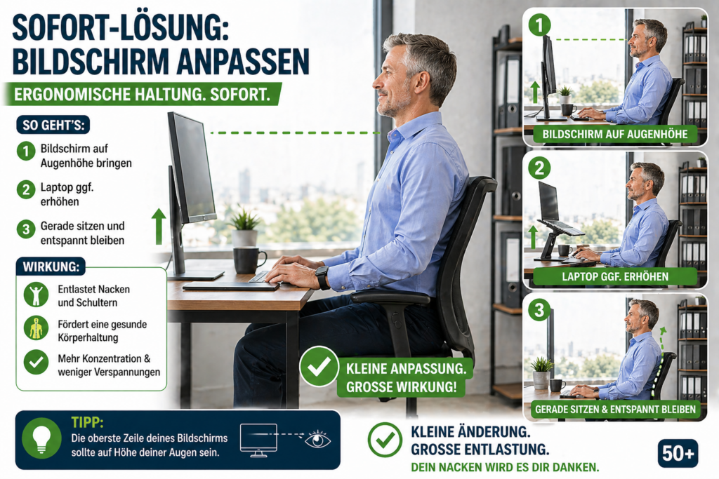 Sitzfehler Rückenschmerzen Ergonomisch sitzen im Büro: Mann über 50 stellt Bildschirm auf Augenhöhe ein und vermeidet Nacken- und Rückenschmerzen