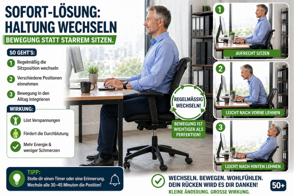 Sitzfehler Rückenschmerzen Mann 50+ im Büro wechselt verschiedene Sitzpositionen am Schreibtisch – aufrecht sitzen, nach vorne lehnen und zurücklehnen zur Entlastung des Rückens