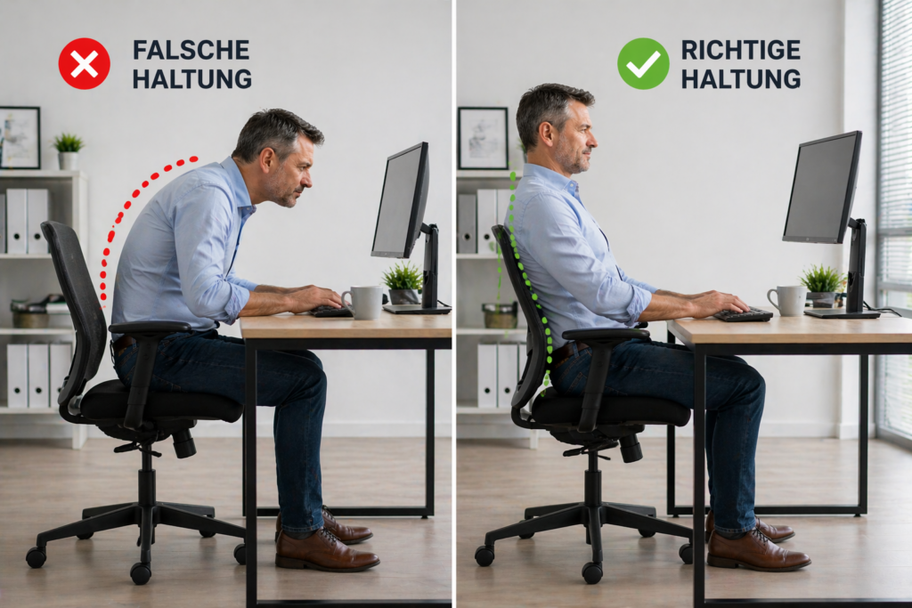 Vergleich zwischen falscher und richtiger Sitzhaltung im Büro zur Vermeidung von Rückenschmerzen