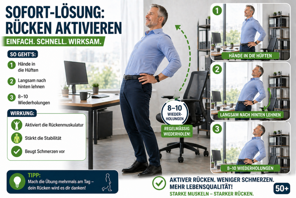 Sitzfehler Rückenschmerzen Mann 50+ macht im Büro eine leichte Rückwärtsbeuge mit Händen in den Hüften zur Aktivierung der Rückenmuskulatur nach langem Sitzen