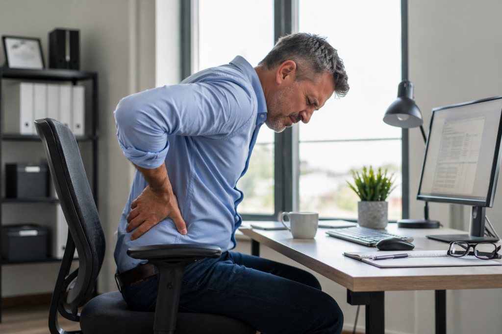 Rundrücken beim Sitzen im Büro verursacht Rückenschmerzen bei Mann 50+
