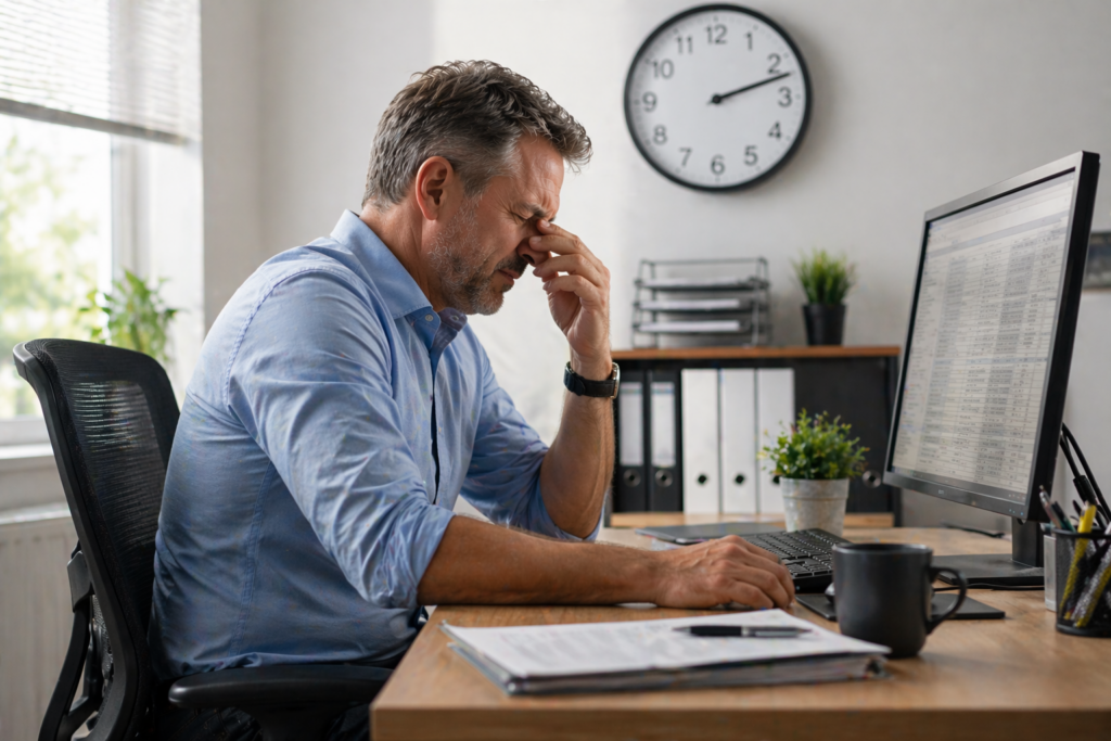 Zu langes Sitzen im Büro führt zu Rückenproblemen und Verspannungen